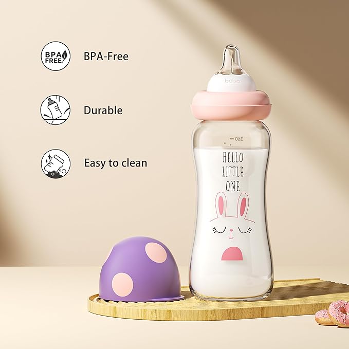 YOHKOH Natural Glass Baby Bottle with Level 2 Medium Flow Nipple, Newborn Anti-Colic Baby Bottles, Wide Neck Mushroom Baby Glass Bottle ((8.8oz (Pack of 2), Purple)