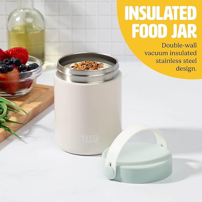 Tasty Food Jar with Folding Handle, Portable Snack Travel or Lunch Container, Stainless Steel Insulated Vacuum with Leak-Proof Lid, Keeps Food Hot or Cold for Hours, 15-Ounce, Cream