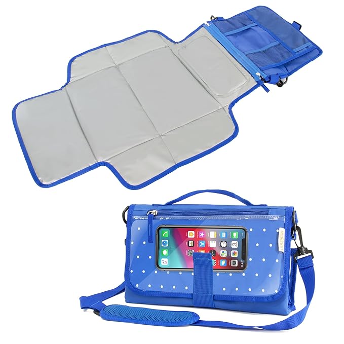 Portable Diaper Changing Mat, Fits Most Changing Tables, One-Hand Hook-and-Loop Fasteners, Front Touchscreen-Friendly Pocket, Blue