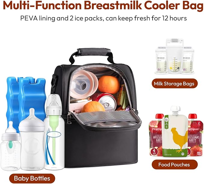NCVI Breastmilk Cooler Bag with 2 Ice Pack, Breast Pump Bag with Cooler Fits 6 Bottles, Double Layer Breast Milk Travel Bag Baby Bottle, for Travel, Nursing Mom Daycare, Work, Picnic (Black)