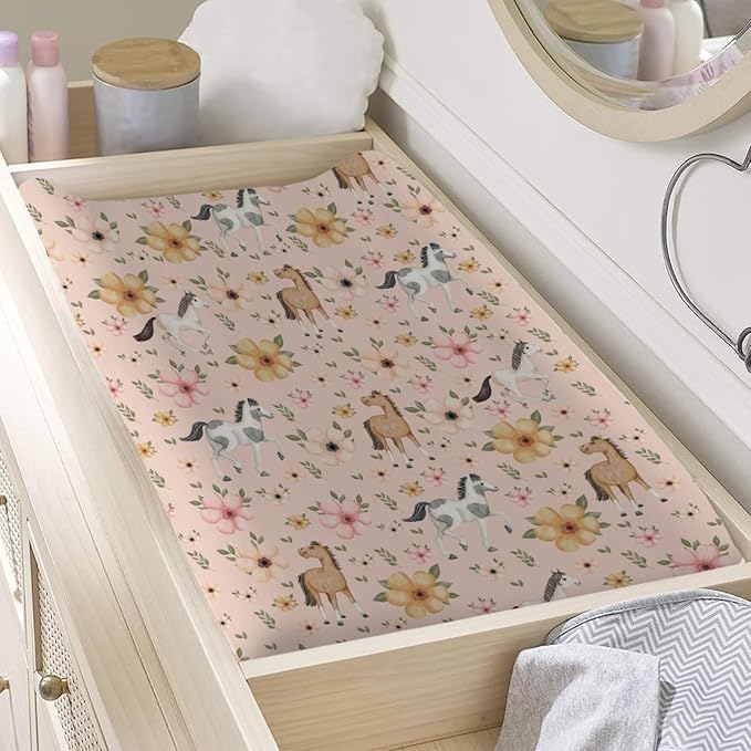 Changing Pad Covers Watercolor Horse Floral Baby Diaper Changing Pad Cover for Boys Girls Soft Breathable Stretch Fitted Diaper Change Table Pad Covers 32''x16'' Pink