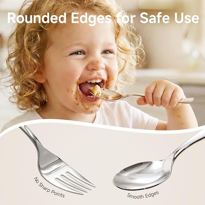 KINGSTONE Toddler & Kids Utensils Set - Large + Small 18/10 Stainless Steel Fork & Spoon, 4-Piece Food-Grade Kids Transition Silverware, Mirror Polished, Dishwasher Safe for Home & School