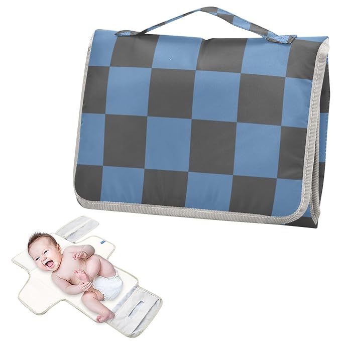 Portable Diaper Changing Pad Travel Baby Changing Mat Waterproof Diaper Changing Mat Foldable Lightweight Baby Changer with Built-in Pillow Checkered Navy Blue and Black