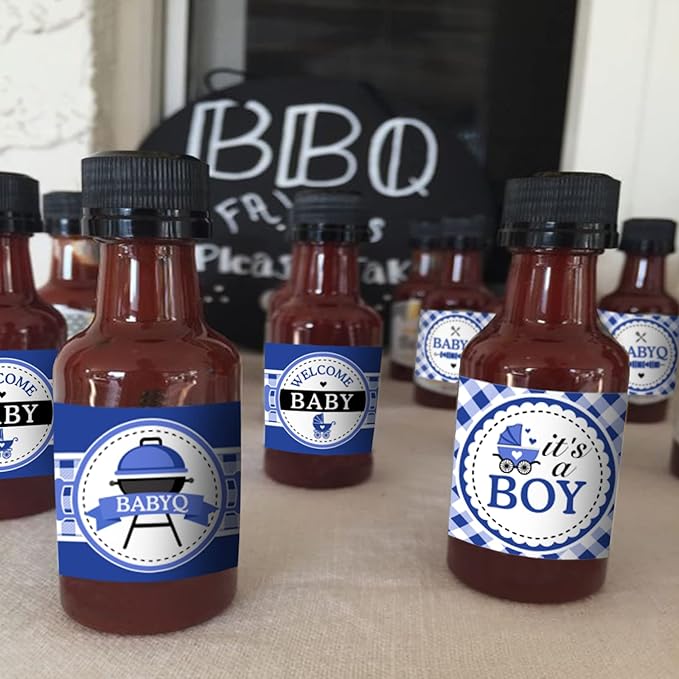 24PCS BBQ Baby Shower Water Bottle Labels, Barbecue Baby Shower Waterproof Self Adhesive Water Bottle Labels for Cookout BBQ Babyq Shower Decorations Boy Blue