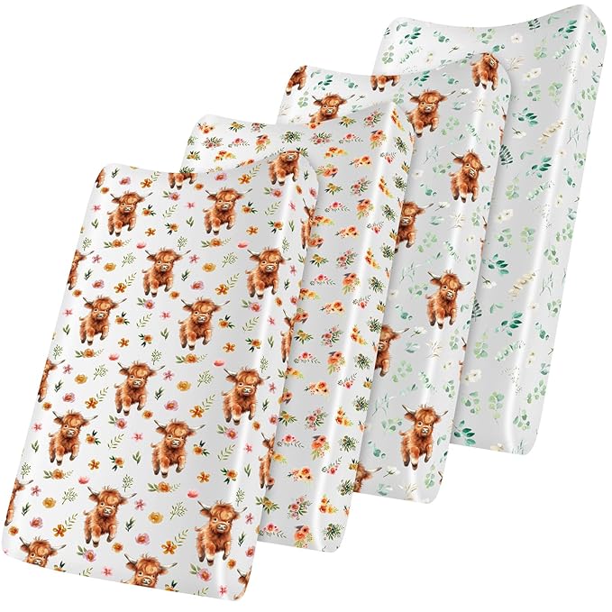 4 Pack 52" x 28" Changing Pad Cover for Boys Girls Highland Cow Eucalyptus Leaf Floral Pattern Neutral Nursery Decor Change Table Covers Soft Changing Pad Sheets for Baby Girls Baby Boys