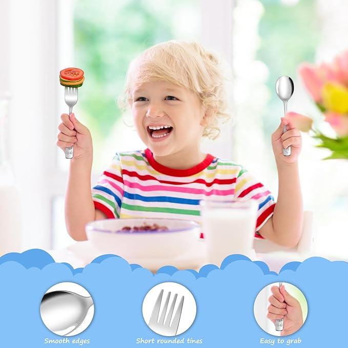 14-Piece Toddler Flatware, Kids Utensils Stainless Steel Cutlery Set, Children Safe Spoons and Forks with Ergonomic Handle, Easy to use and Dishwasher Safe (Crocodile and Bear)