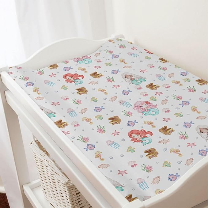 Watercolor Mermaids Changing Pad Covers Ocean Animals Fish Sea Horse Jellyfish Conch Coral Diaper Change Table Sheets for Boy Girl Soft Breathable Stretch Baby Change Table Pad Mats Covers 32''x16''