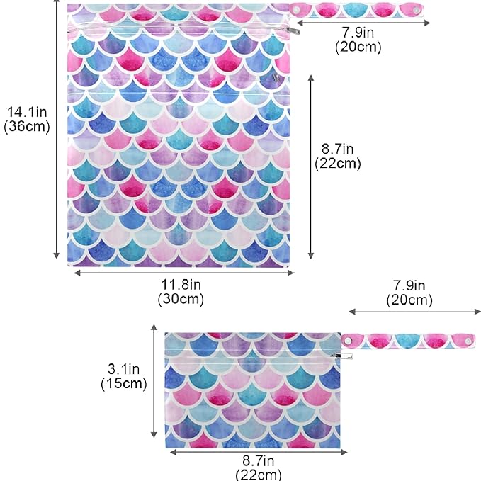 visesunny Mermaid Rainbow Scale 2Pcs Wet Bag with Zippered Pockets Washable Reusable Roomy Diaper Bag for Travel,Beach,Pool,Daycare,Stroller,Diapers,Dirty Gym Clothes,Wet Swimsuits,Toiletries
