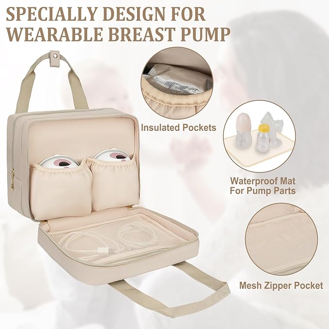 Breastmilk Cooler Travel Bag, Wearable Breast Pump Storage Bag Compatible with Momcozy/Eufy/Elvie/Willow/Medela Breast Pump with Ice Pack and Waterproof Mat,Khaki