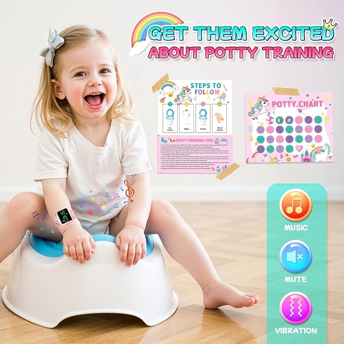 Potty Training Watch & Chart for Toddler Girls: Adjustable Volume Potty Watches for Kids Unicorn Potty Training Chart with Reward Stickers Toilet Training Tools Gifts for Girl (Pink)