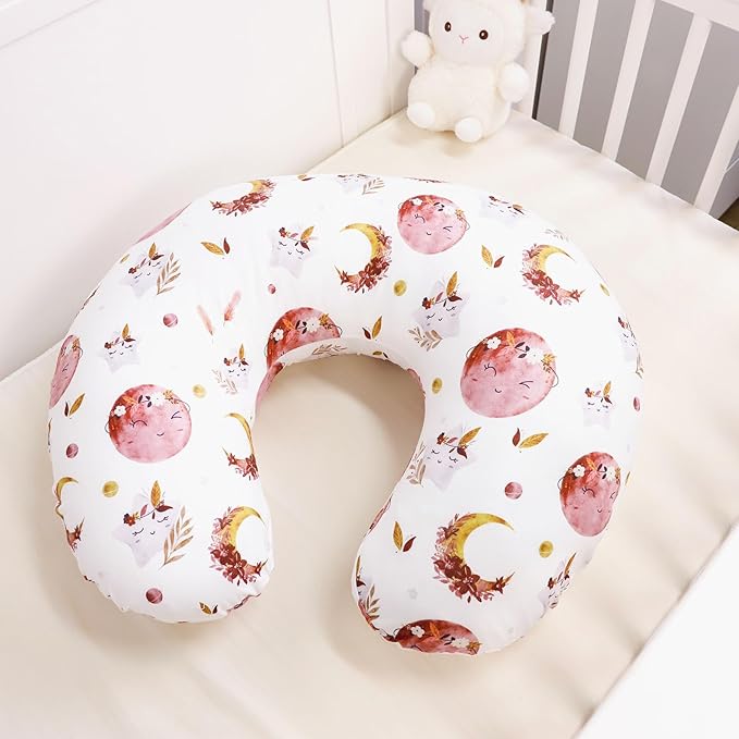 Baby Nursing Pillow Cover, Removeable Breastfeeding Pillow Slipcover, Nursing Pillow Case for Newborn Boys Girls, Soft Fabric Fits Snug On Infant, Washable & Breathable, Moon Star