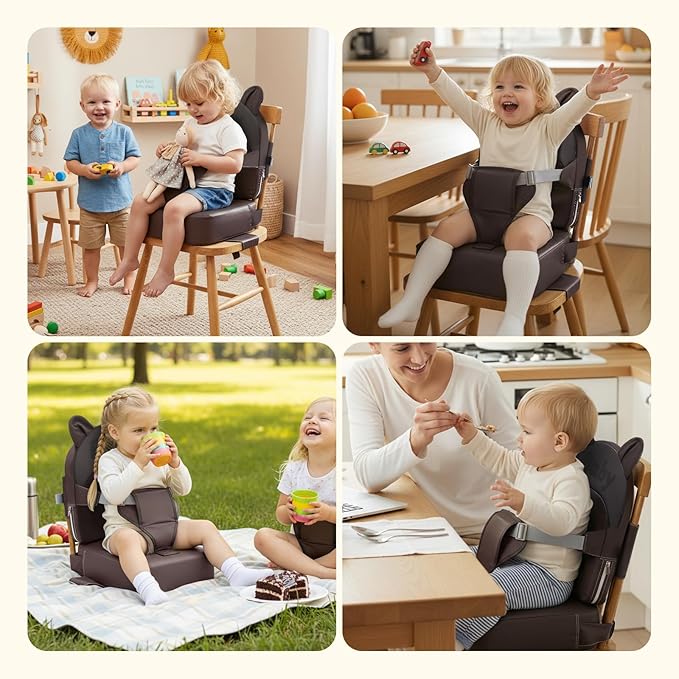 Booster Seat for Dining Table,Toddler Kids Boys Girls Portable PU Waterproof Travel Baby Boosters Increasing Cushion with Backrest and Adjustable Strap (Khaki, OneSize)