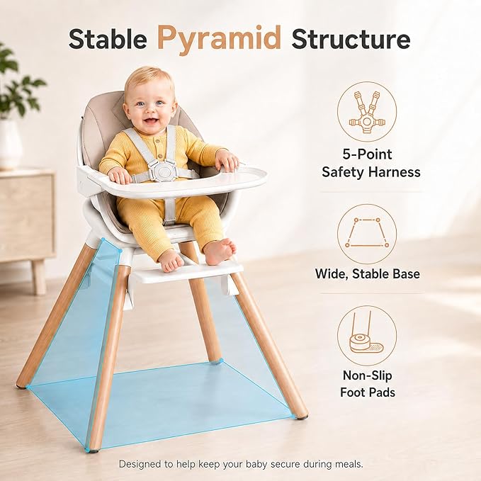 Baby High Chair, 6 in 1 Convertible High Chairs for Babies and Toddlers, Easy Clean Highchair with Removable Double Tray, 5-Point Harness, Reversible Footrest, Beech Wood Legs, Champagne