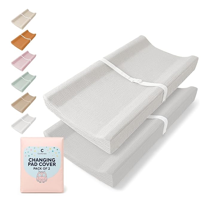Muslin Changing Pad Cover 2 Pack, Soft Baby Changing Pad Covers, Stays in Place, Fits Standard 32x16 Inches Changing Pads, No Shrink, Perfect for Baby Girls (White)