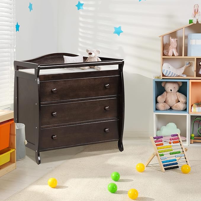 Costzon 3-Drawer Changing Table, Infant Diaper Changing Station with Drawers, Safety Rails & Strap, Baby Changing Table Dresser for Nursery, Easy Assembly (Brown)
