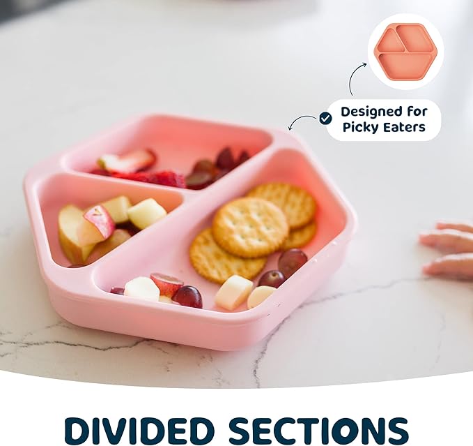 Tiny Twinkle Silicone Suction Baby Plate, Suction Grip Divided Dish for First Foods and Self-Feeding Toddlers, Baby Led Weaning Supplies for Independent Eating (Rose Plate)