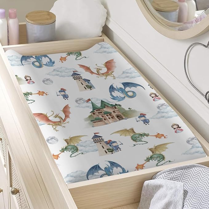 Fairytale Dragons Castle Changing Pad Cover Watercolor Dragon Princess Knight Moon Clouds Baby Nursery Diaper Change Pad Sheets for Boy Girl Soft Stretchy Fitted Changing Table Sheets Mats 32''x16''