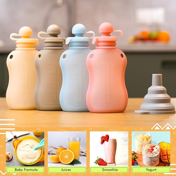 Reusable Pouches for Toddlers Silicone Refillable Baby Food Feeder with Funnel, Food Storage for Kids Squeezable Pouch, Washable & Freezer - Perfect for Fruit, Yogurt and Smoothies, 5oz, 4 Pack