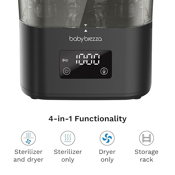 Baby Brezza 10 Minute SuperQuick Bottle Sterilizer + Dryer - Large 8 Bottle Capacity - Steam Sanitization – Universal Fit for All Bottles: Plastic + Glass + Pacifiers + Breast Pump Parts, Matte Black