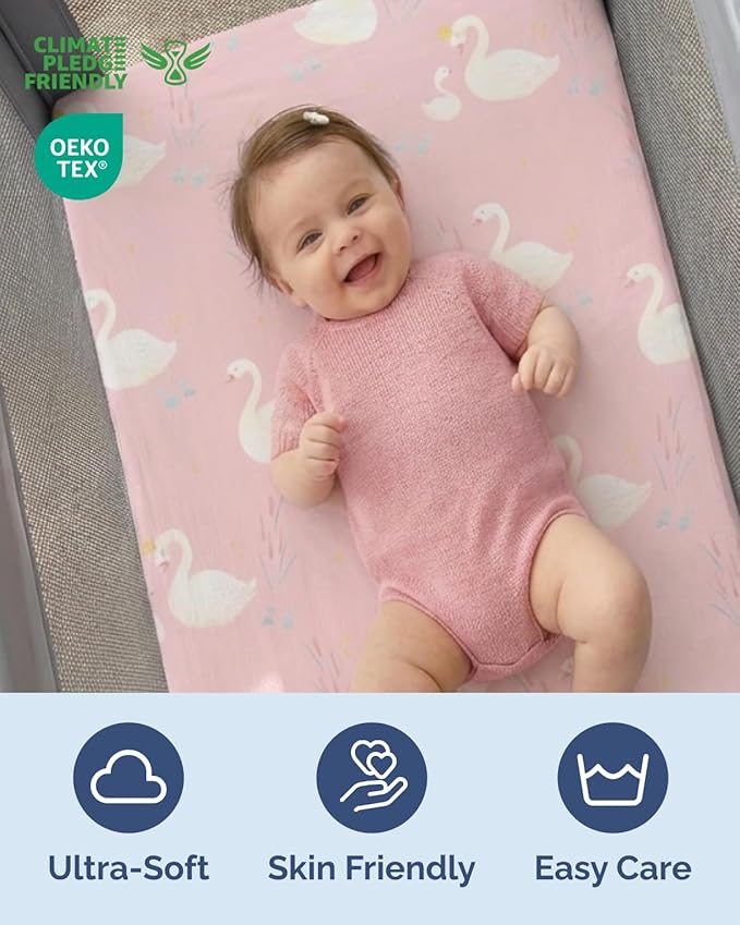 Pack and Play Sheets Fitted - 2 Pack Mini Crib Sheets for Pack N Play Mattress - Unisex Playard Microfiber Bedding for Boys & Girls - Soft, Breathable and Wrinkle Free - Oeko-Tex, 38 x 26in - Swans