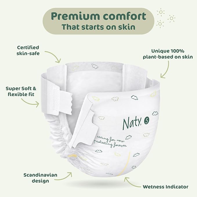 Naty BioEmbrace Baby Diapers | Sensitive Skin Safe Certified | Leak Protection up to 100% | Plant-Based Softness, Premium Comfort | Chlorine-Free | Size 5 (24–55 lbs), 80 Count