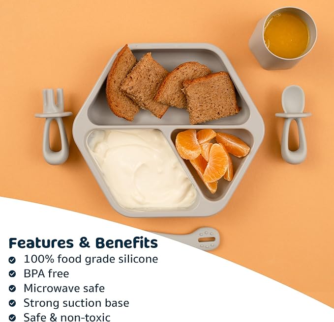 Tiny Twinkle Silicone Suction Baby Plate, Suction Grip Divided Dish for First Foods and Self-Feeding Toddlers, Baby Led Weaning Supplies for Independent Eating (Grey Plate)