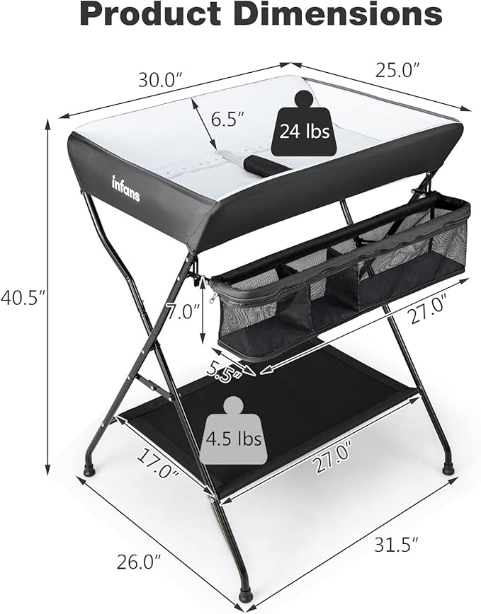 INFANS Baby Changing Table, Folding Diaper Station Portable Nursery Organizer with Safety Belt and Large Storage Racks for Newborn Baby and Infant (Black)