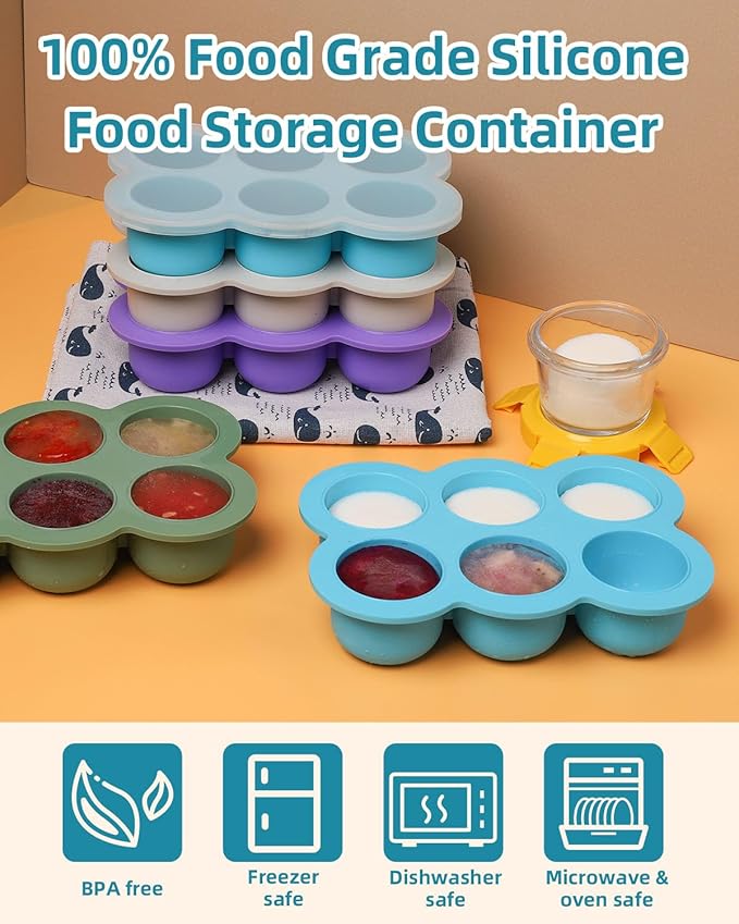 Baby Food Freezer Tray with Lid, 6 x 3 Ounce Silicone Freezer Molds Storage Container for Homemade Baby Food, Breast Milk, Fruit Puree & Vegetables (Blue)