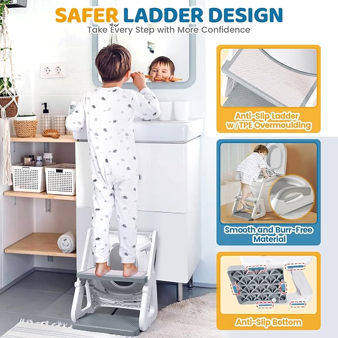 Orzbow Potty Training Seat | Upgrade Toddler Potty Training Toilet with Step Stool, 2-in-1 Stability Toilet Seat for Boys Girls | with Splash Guard, Anti-Slip Pad, Ladder, and Height Adjustable, Grey