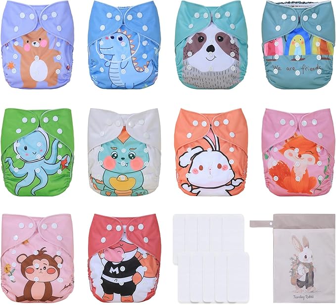 TDIAPERS Cloth Diaper Covers Reusable Washable Pocket Diapers One Size Adjustable for Baby 10 Pack with 10 Pcs Microfiber Inserts, 1 Wet Bag