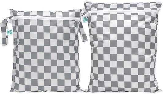 Bumkins - Waterproof Wet and Wetdry Bags - For Beach, Baby, Travel, Swim Suit, Cloth Diapers, Pump Parts, Pool, Gym, Toiletries - Reusable & Easy to Clean - Gray Check - 2 Pack
