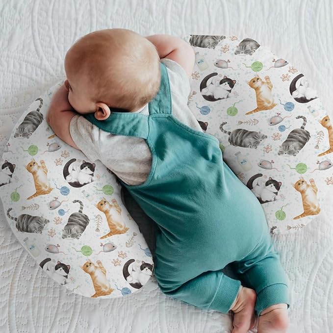 Cute Cat Baby Nursing Pillow Covers for Boy Girl Watercolor Cat Paws Mouse Toy Balls Neutral Nursery Pillowcase for Breastfeeding Pillows Cats Lovers Gift Soft Stretchy Slipcovers for Newborn Infant