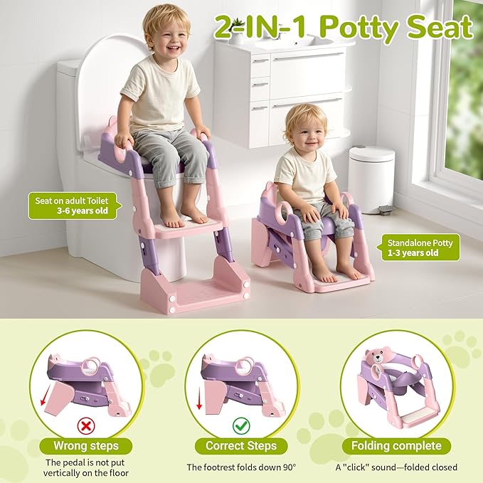 COOSEYA 2-in-1 Potty Training Seat & Potty Chair, Toddler Toilet Seat with Step Stool Ladder, Height Adjustable Foldable Potty Training Toilet for Kids Boys Girls with Splash Guard & Anti-Slip Steps