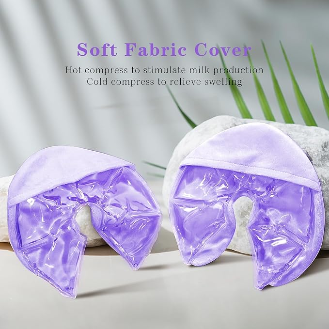 Breast Therapy Packs, 2 Pack Reusable Hot Cold Gel Packs for Nipple Pain Relief, Mastitis, Engorgement, Support for Breastfeeding and Pump Aid-Flexible & Washable with 2 Soft Covers (Purple)