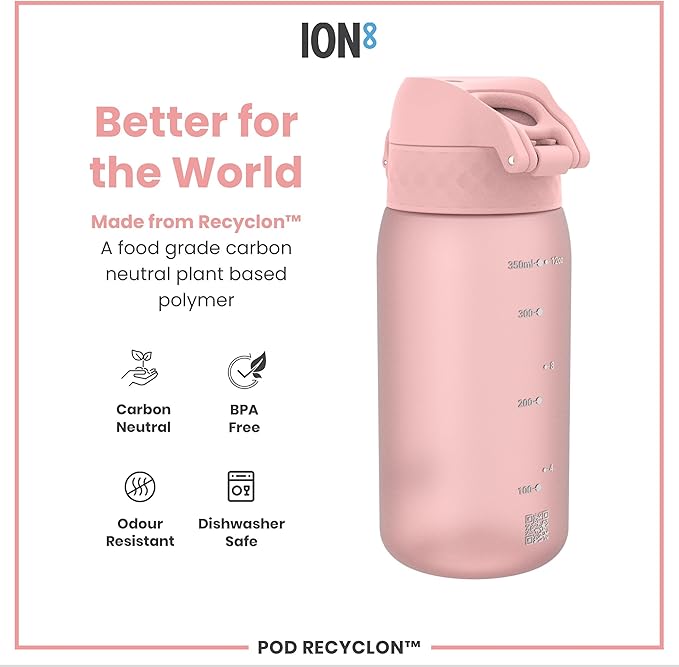 Ion8 Small Water Bottle, 350 ml/12 oz, Leak Proof, Easy to Open, Secure Lock, Dishwasher Safe, BPA Free, Carry Handle, Hygienic Flip Cover, Easy Clean, Odor Free, Carbon Neutral, Rose Quartz Pink