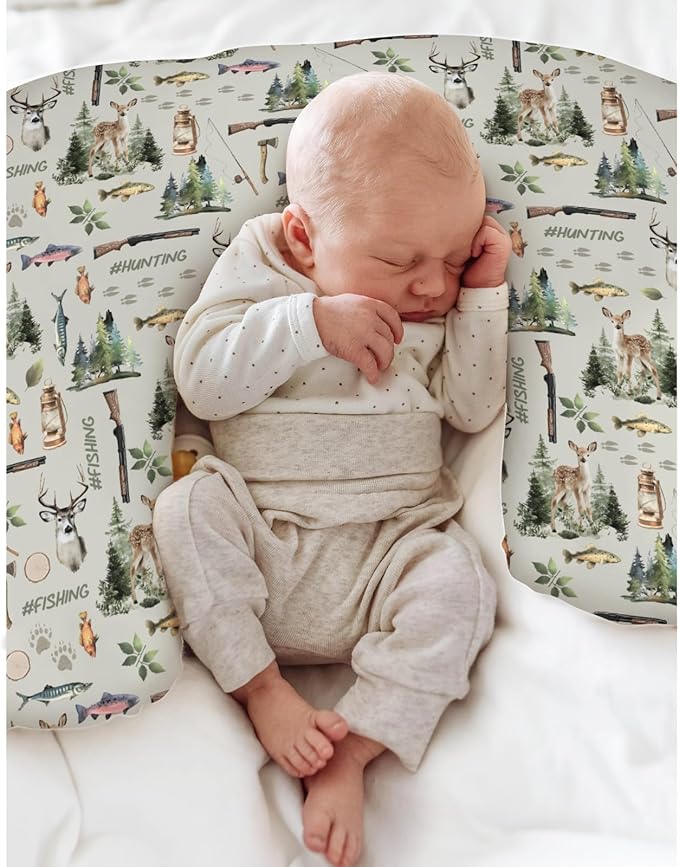 Fishing Hunting Baby Nursing Pillow Covers for Boy Girl Bass Fish Deer Paws Green Trees Nursery Pillowcase for Breastfeeding Pillows Nature Hunting Animals Soft Stretchy Slipcover for Newborn Infant