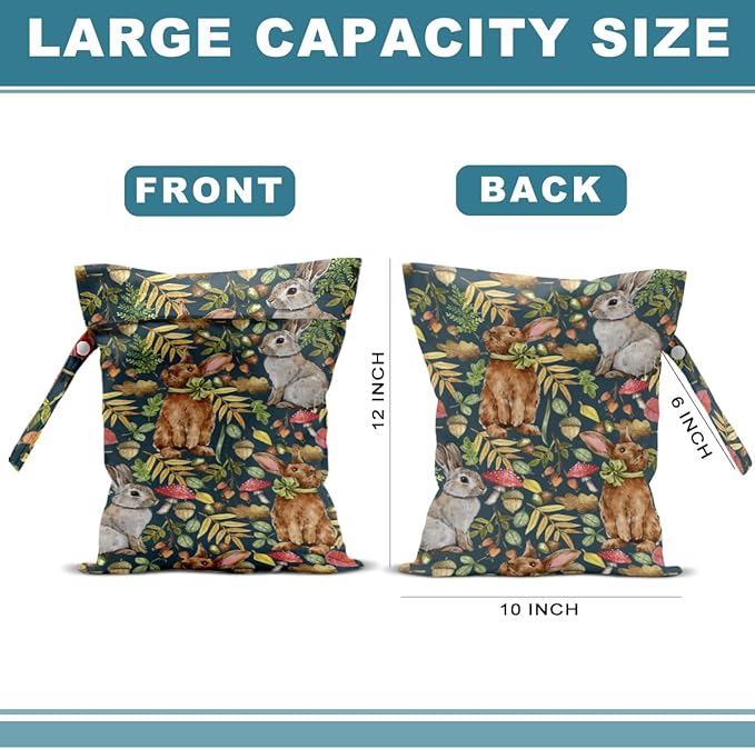 2Pcs Bunny Wet Bag 12x10 Inch, Rabbit Waterproof Reusable Wet Dry Bags, Floral Washable Travel Laundry Bags for Swimsuit Pool Beach Diapers Dirty Yoga Gym Clothes, Flowers Gifts for Women Friend