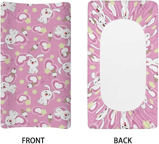Rabbit Heart Valentine Changing Pad Cover Waterproof Lightweight Nursery Pad Change Cover for Baby Durable Stretchy Diaper Changing Mat Cover
