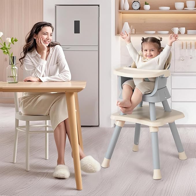 Kinder King 8 in 1 Baby High Chair, Coverts to Dining Booster Seat/Kids Table & Chair Set/Toddler Building Block Table/Kids Stool, Removable Tray & Double Seat Cover, Easy to Wipe, Grey & Coffee