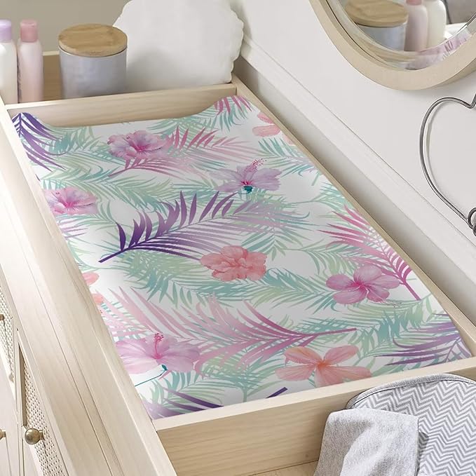 Microfiber Diaper Changing Table Sheets for Infants and Toddles Tropical Floral Leaves Baby Changing Pad Cover Soft Breathable