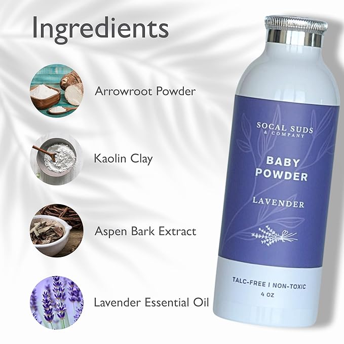 SoCal Suds & Company - Natural Baby Powder Talc-Free - Newborn Essentials with Arrowroot Powder, Kaolin, Aspen Bark Extract for Soft Soothing Protected Skin - Gentle Absorption - Lavender, 4oz