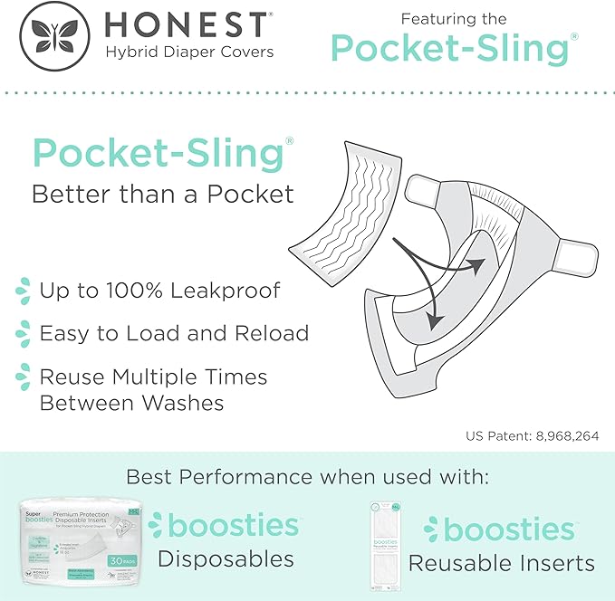 Honest Hybrid Cloth Diaper Cover + Super Boosties Disposable Inserts 30ct + Reusable Inserts, Medium (12-25 lbs), Cotton Muslin Honest Covers Feature Pocket-Sling, Starter Kit