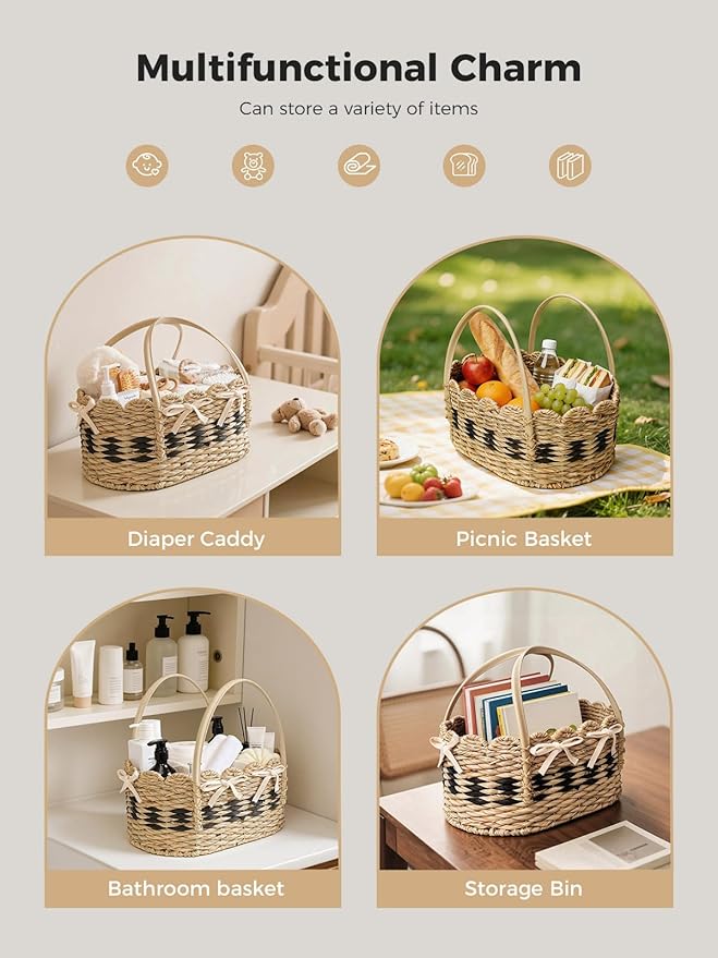 Diaper Caddy Organizer, Hand Woven Scalloped Diaper Caddy Basket Changing Table Organizer, Natural Seagrass Wicker Nursery Bakset Picnic Basket Household Organizer, Natural