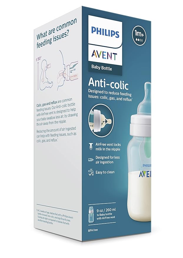Philips Avent Anti-Colic Baby Bottle with Airfree Vent, 9Oz, Scy703/91, 1Pk, Clear, Scy703/91