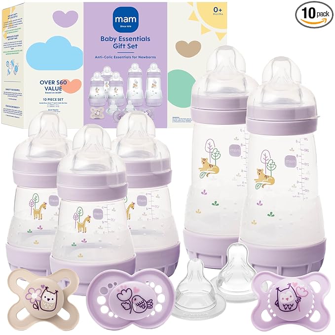 MAM Easy Start Anti-Colic Baby Bottle & Pacifier Set, 5 Self Sterilizing Bottles (3X 5oz, 2X 9oz) & 3 Original Pacifiers 0–16 Months + Extra Nipples, Newborn Feeding Gift Set