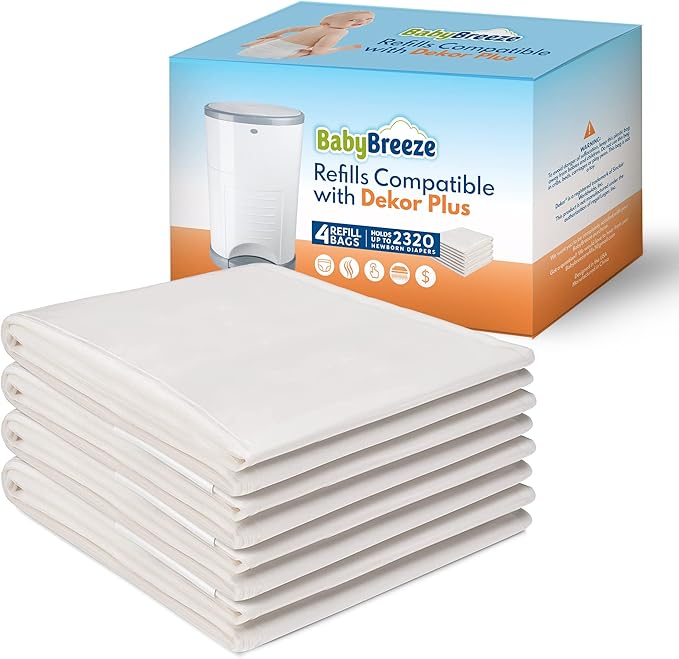 Diaper Pail Refills Compatible with Dekor PLUS Diaper Pail 4 Refill Bags Holds 2320 Diapers – Strong, Durable Baby Powder Scented Refills Bags