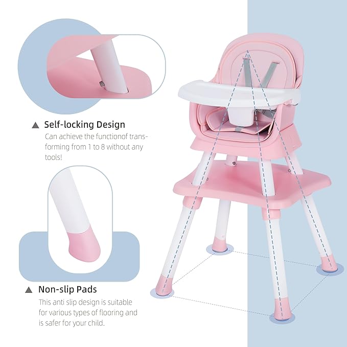 Baby High Chair, 8 in 1 Convertible Highchair, Booster Seat, Building Block/Activity Table, Stool, Feeding Chair with Dishwasher-Safe Tray, High Chairs for Babies and Toddlers (Pink)