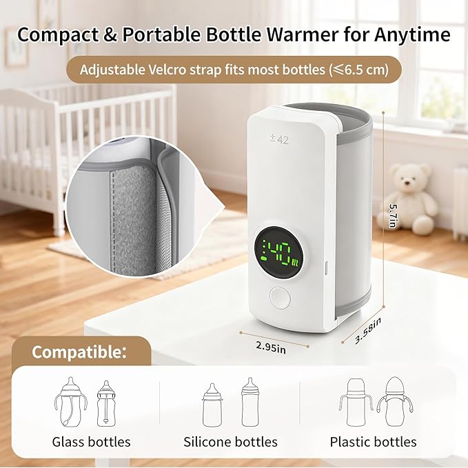 Portable Travel Baby Cordless Bottle Warmer,Baby Breastmilk and Formula Bottle Warmer,6000 mAh Rechargeable Battery,Digital Display Temperature Water Warmer On the Go,Feeding-Friendly Baby Essentials