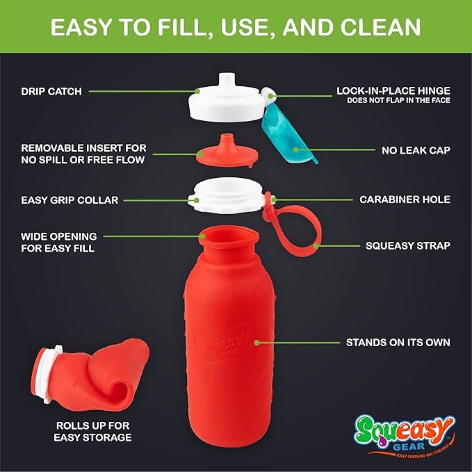 Red 16 oz Squeasy Snacker Spill Proof Silicone Reusable Food Pouch - for Both Soft Foods and Liquids - Water, Apple Sauce, Yogurt, Smoothies, Baby Food - Dishwasher Safe