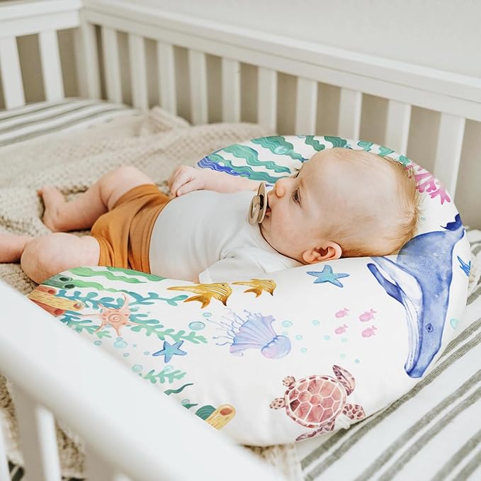 Colorful Ocean Animals Baby Nursing Pillow Covers for Boy Girl Whale Turtle Jellyfish Sea Horse Weeds Nursery Slipcovers for Breastfeeding Pillows Marine Life Soft Stretchy Cover for Newborn Infant